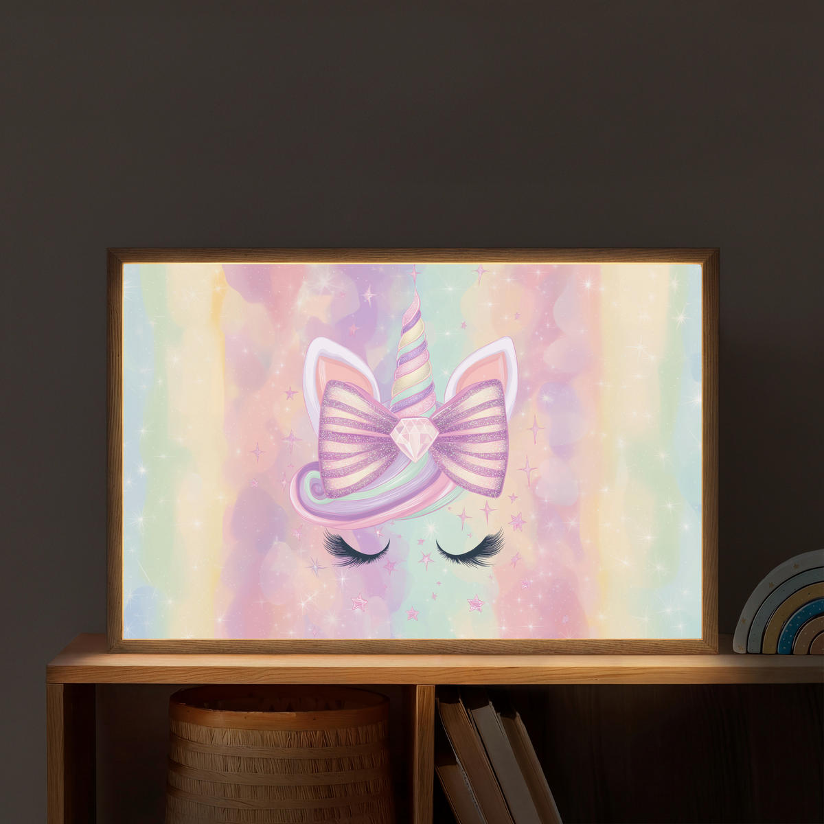 DOBÍJECÍ NOČNÍ LAMPIČKA Jednorožec - Třpytky - Duha - Pastelové barvy 60x40 cm - světle růžová, kompozitní dřevo (8/60/40cm) - OnlyWow