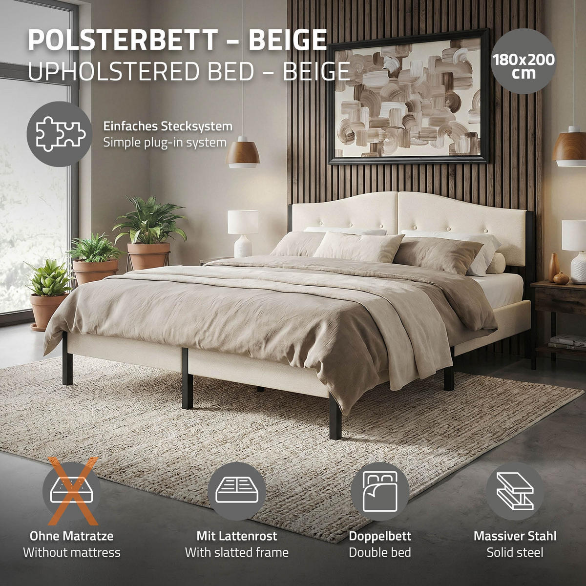 ČALOUNĚNÁ postel 180x200 cm, béžová, s roštem a lněným potahem - béžová, kompozitní dřevo/textil (180/200cm) - ML-DESIGN