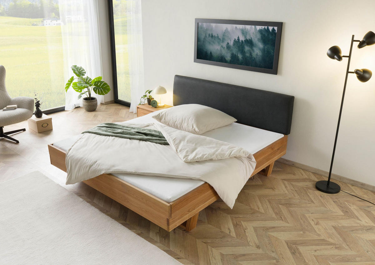 BETT mit Nachttisch Massivholz Eiche 200 x 200 x 86 natur FICHTELBERG #52 - Anthrazit/Naturfarben, Holz (200/200cm) - Massivmoebel24