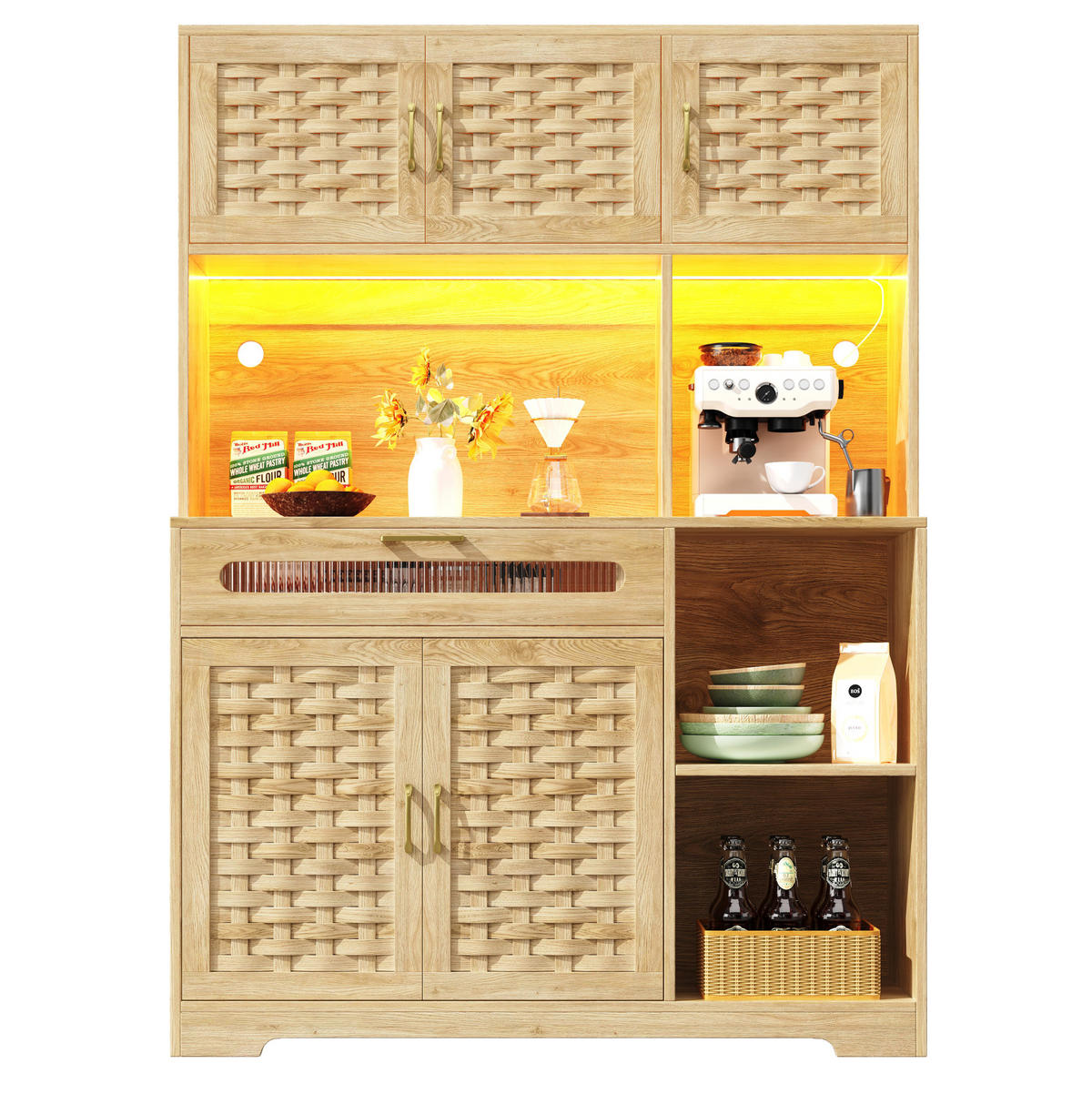 HOCHSCHRANK in MDF-Holzoptik mit geflochtenen Glasfronten, LED-App-Steuerung und USB, 120/40/180 cm, Naturfarben - Naturfarben, Holzwerkstoff (120/180/40cm) - Redom