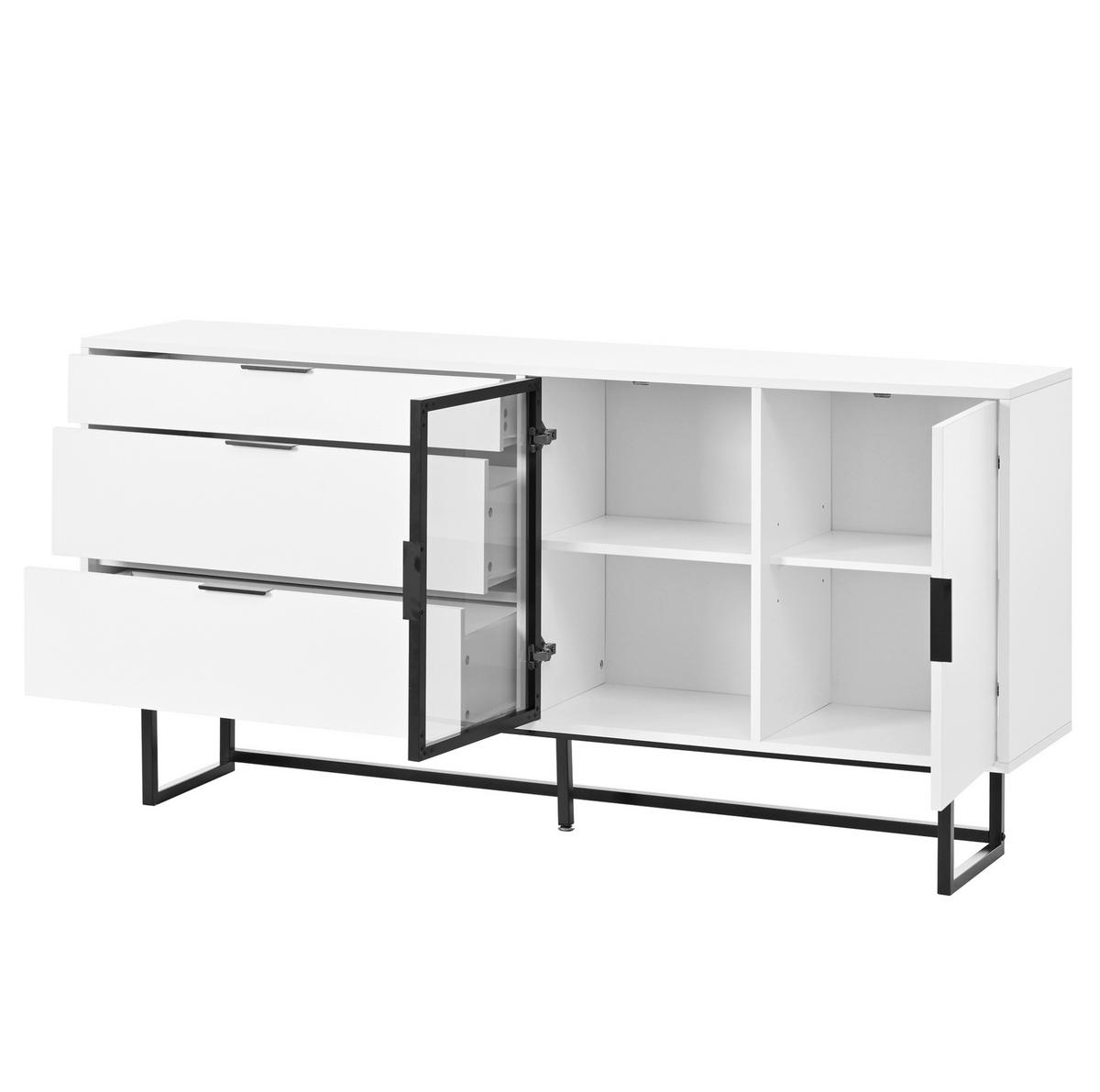 SIDEBOARD 160/36/78 cm mit LED-Beleuchtung, Glastüren und 3 Schubladen aus MDF und Holzwerkstoff, Weiß - Weiß, Holzwerkstoff (160/78/36cm) - Redom