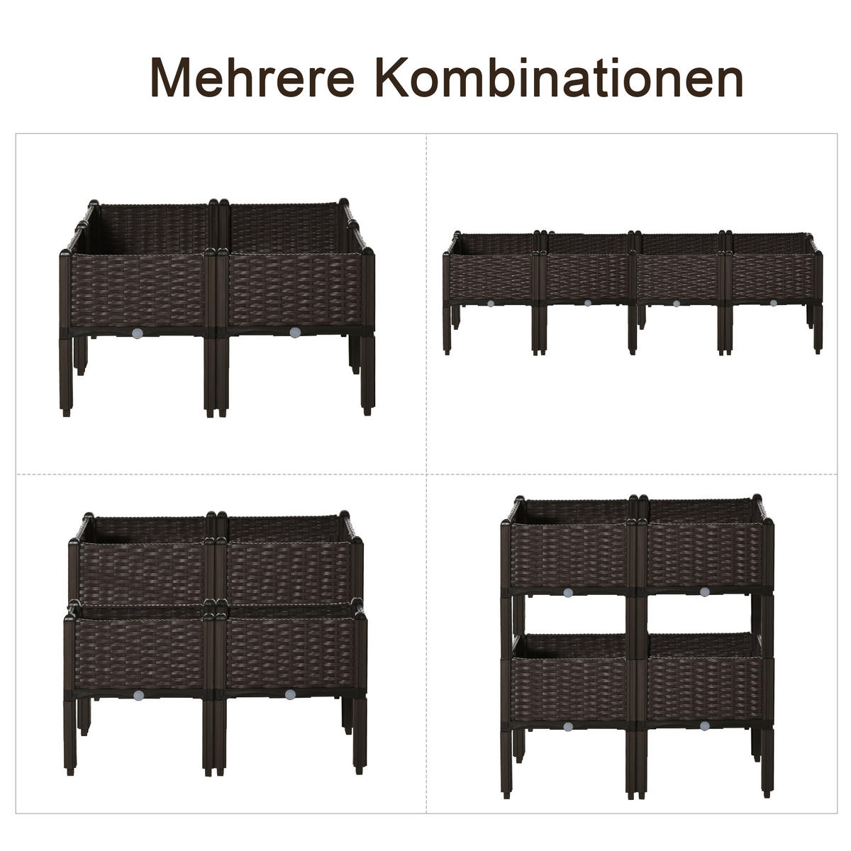 HOCHBEET, 4-tlg. Pflanzkasten mit Abflusslöchern, Rattan-Look, Blumenkasten, DIY, Braun, 40 x 40 x 45 cm - Dunkelbraun, Kunststoff (40/44/40cm) - Outsunny