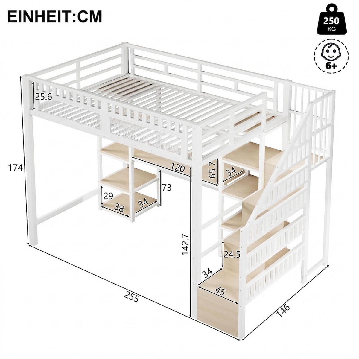 HOCHBETT 140/200 cm Weiß mit Stauraumtreppe, Schreibtisch und LED-Lichtleisten - Weiß, Metall (140/200cm) - Oxeza