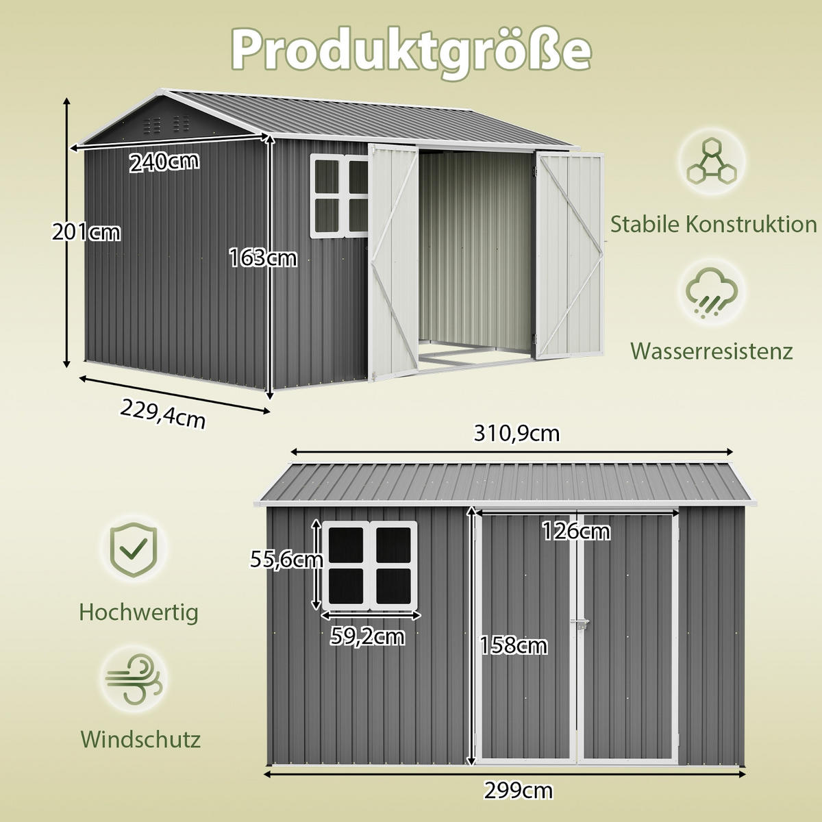 GERÄTEHAUS 310.9/240/201 cm Grau mit Fenster, 4 Lüftungen und Fundament - Grau, Metall (240/201/310.9cm) - Oxeza