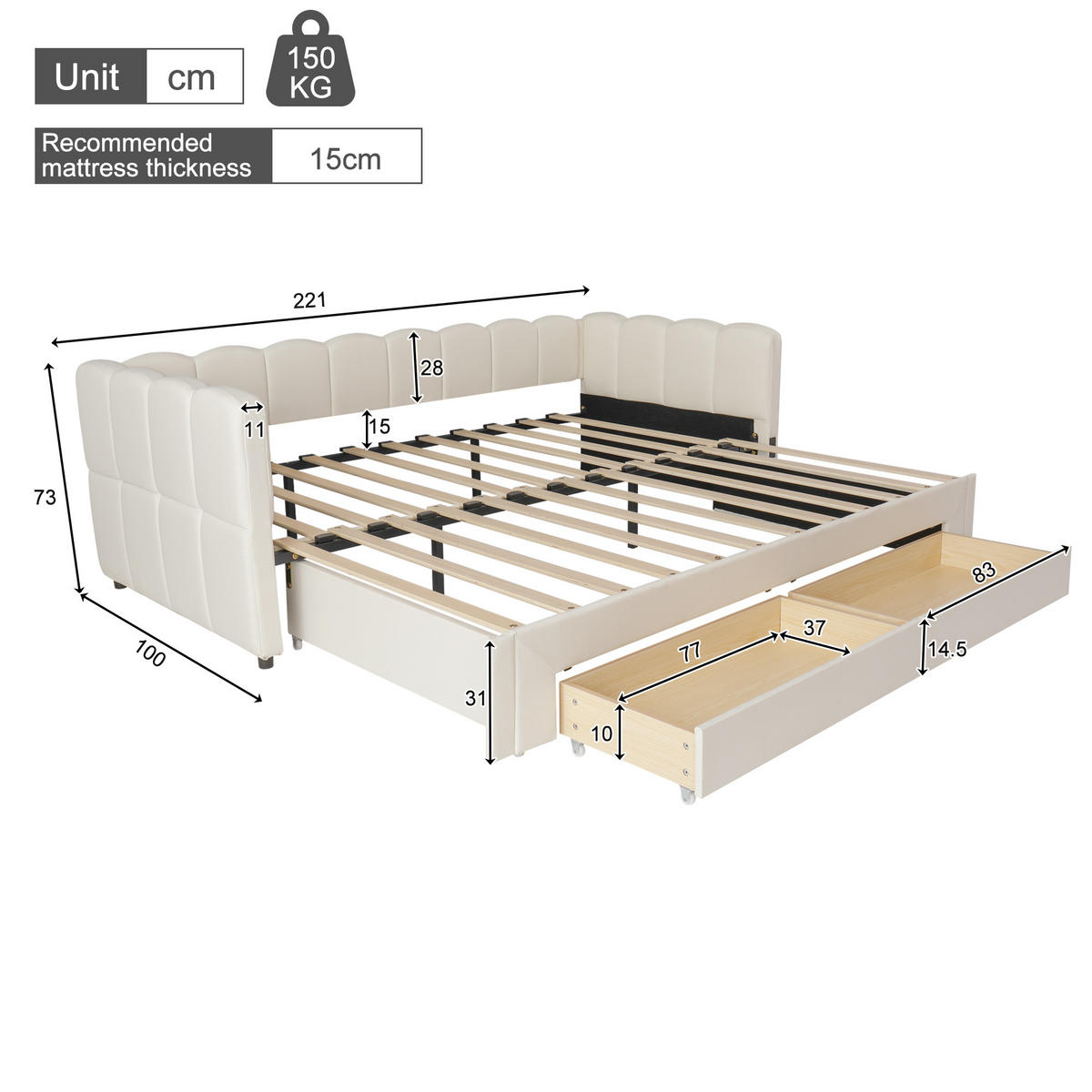 POLSTERBETT 90/200 cm beige aus Leinen mit Ausziehfunktion und USB-Anschluss - Weiß, Textil (90/200cm) - OKWISH