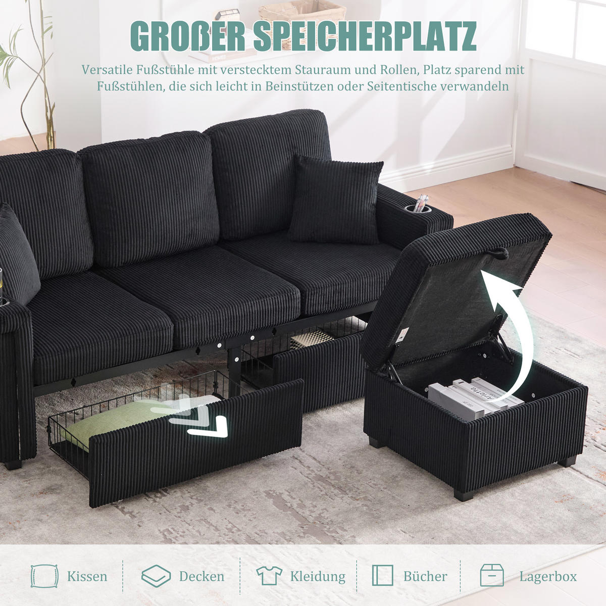 ECKSOFA Corduroy mit LED und USB-Anschluss Stauraum-Schubladen 194/73/81 cm Schwarz - Schwarz, Textil (73/194cm) - Redom
