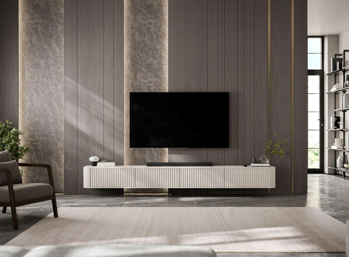 TV skrinka Aurora, set 2 kusov so soklom, matný kašmír, 280 cm - kašmírová, kompozitné drevo (280/37/35cm) - Meble Lindner