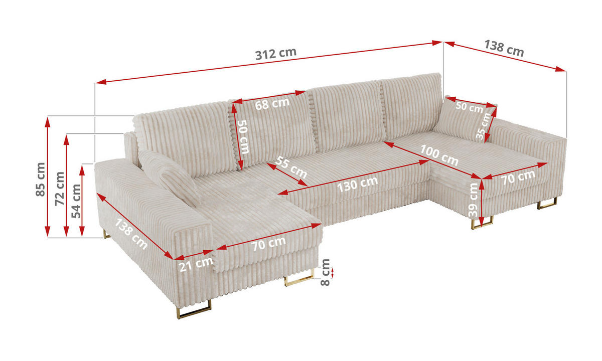 WOHNLANDSCHAFT DORIAN U Cord Beige - Beige/Goldfarben, Textil/Metall (312/85/138cm) - MKS