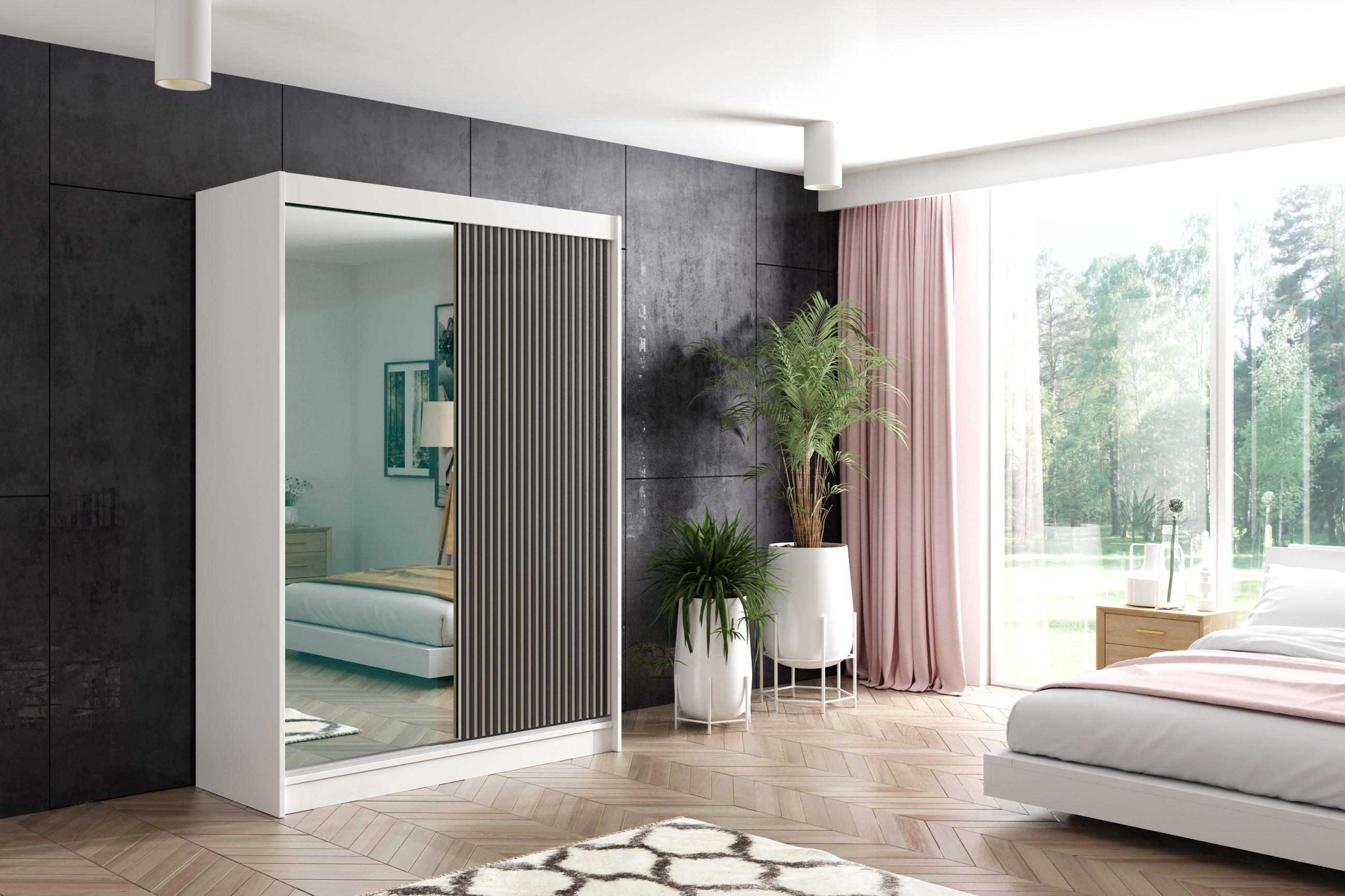 KLEIDERSCHRANK VILAN mit Spiegel/LED - 150 cm - Weiß|Schwarz - Schwarz/Weiß, Holzwerkstoff (150/215/61cm) - ALTDECOR