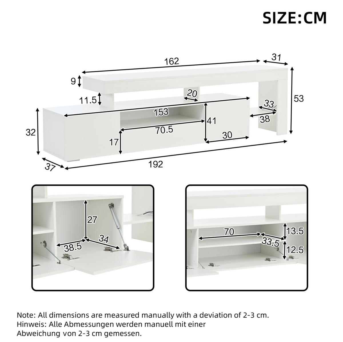 TV ormarić 192/37/53 cm bijeli od iverice s LED rasvjetom i visokim sjajem - bijela, drvni materijal (192/53/37cm) - OKWISH