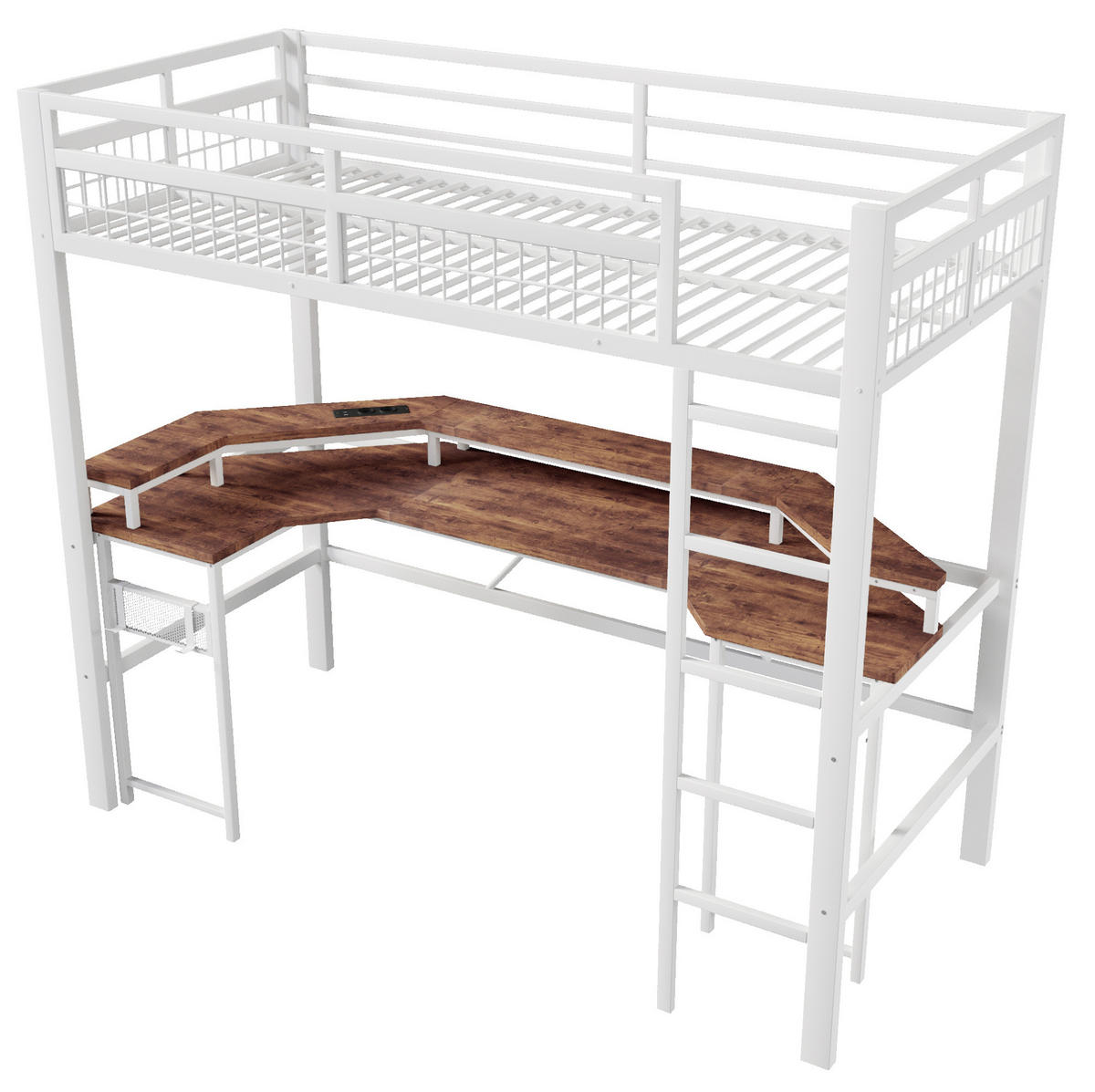 HOCHBETT 90/200 cm in Weiß mit Schreibtisch und LED-Beleuchtung - Weiß, Metall (90/200cm) - Flora Grace