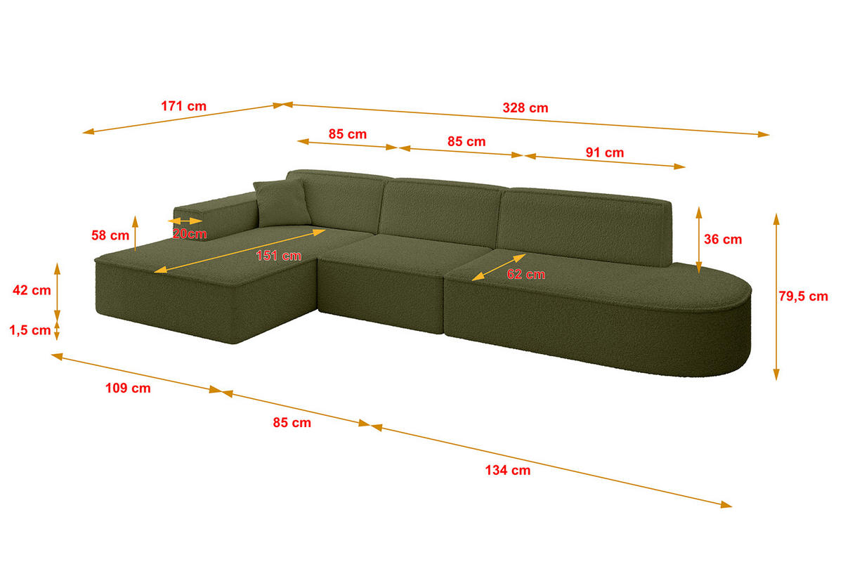 ECKSOFA Ottomane Links IREA-L2-v4 - 328x171x79 cm Grün - Platinfarben, Holzwerkstoff/Textil (328/171cm) - ALTDECOR