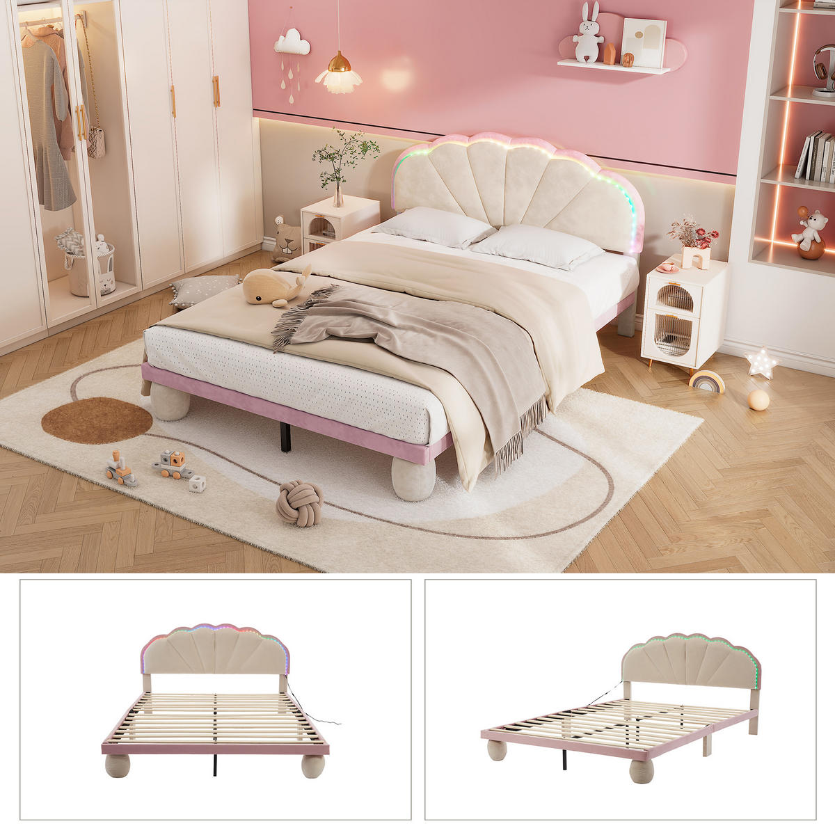 POLSTERBETT 140/200 cm beige aus Samt mit LED-Lichtstreifen - Beige, Textil (140/200cm) - OKWISH