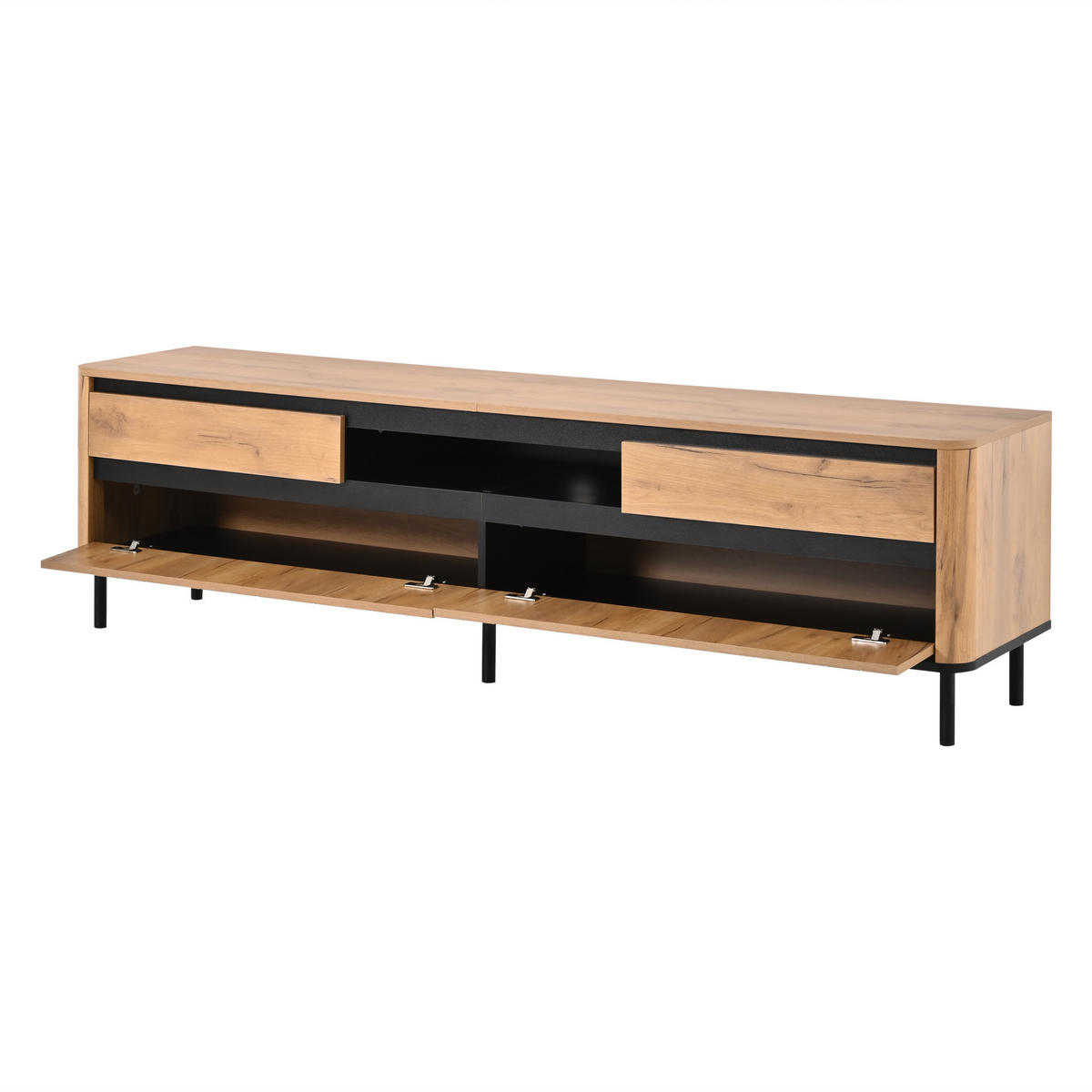 TV-SCHRANK 180/40/52 cm Naturholz mit 2 Schubladen und 2 Klapptüren - Schwarz, Holzwerkstoff/Metall (180/52/40cm) - Oxeza