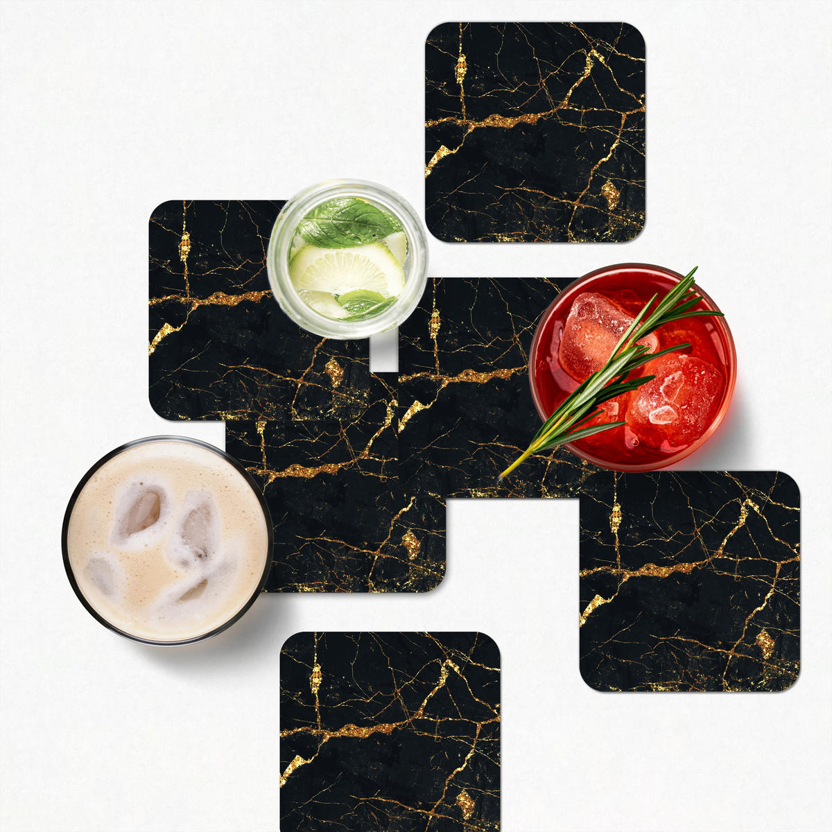 GLASUNTERSETZER 6er-Set Gold - Marmor - Glitzer - Luxus 10x10 cm - Goldfarben, Naturmaterialien (10/0.2cm) - MuchoWow