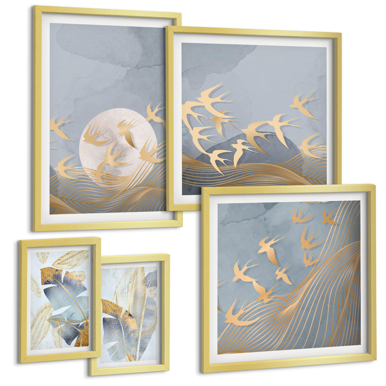 BILDER SET 5er Set - 50x50 cm & 20x30 cm & 40x60 cm Goldrahmen - Blaubeige Blätter im Hintergrund - Goldfarben, Kunststoff (40/60cm) - TULUP