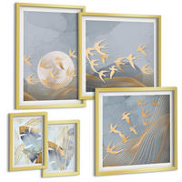 BILDER SET 5er Set - 50x50 cm & 20x30 cm & 40x60 cm Goldrahmen - Blaubeige Blätter im Hintergrund - Goldfarben, Kunststoff (40/60cm) - TULUP