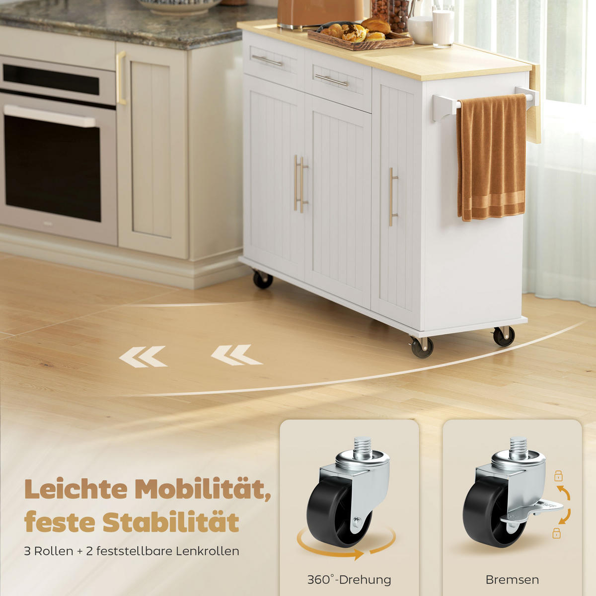 KÜCHENINSEL Küchenwagen mit ausziehbarer Arbeitsplatte Rollen 2 Schubladen Weiß - Silberfarben/Weiß, Holzwerkstoff/Metall (65/91/129cm) - HOMCOM