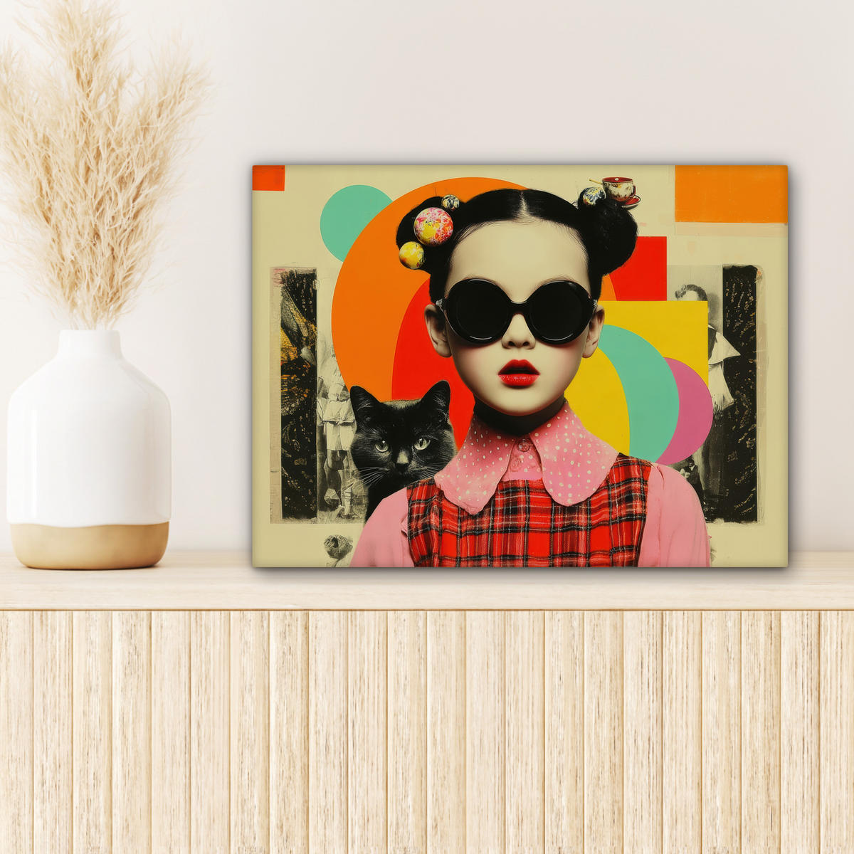 LEINWANDBILD Mädchen - Sonnenbrille - Katze - Retro Wandbild 40x30 cm - Beige, Textil (40/30cm) - MuchoWow