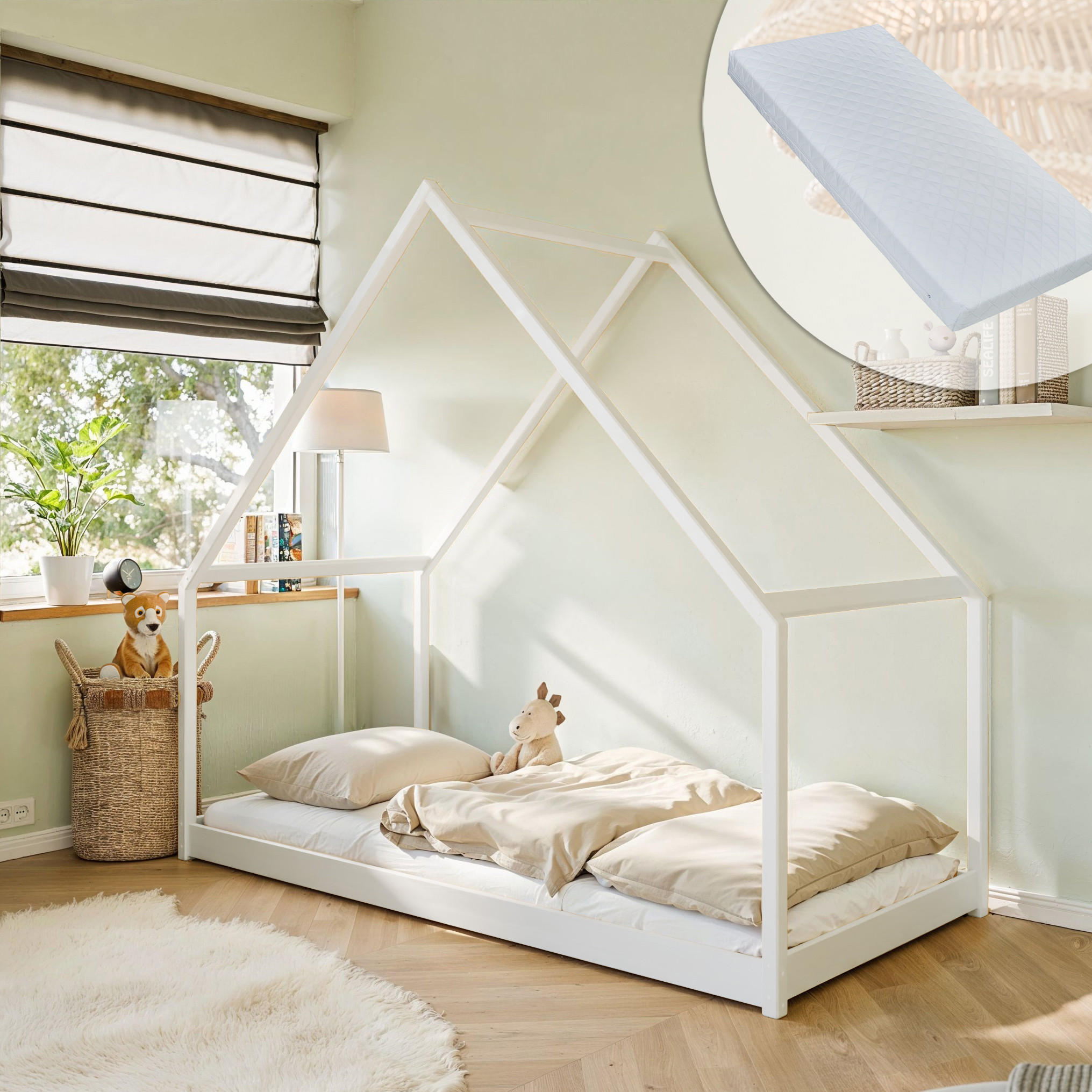HAUSBETT 90x200 cm mit Matratze in weiß - Weiß, Holzwerkstoff (90/200cm) - Kids Collective