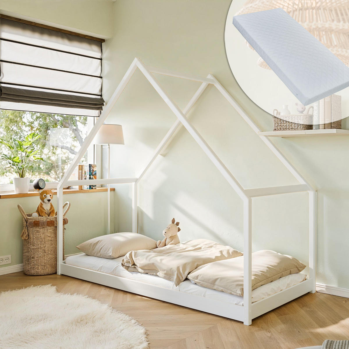 HAUSBETT 90x200 cm mit Matratze in weiß - Weiß, Holzwerkstoff (90/200cm) - Kids Collective