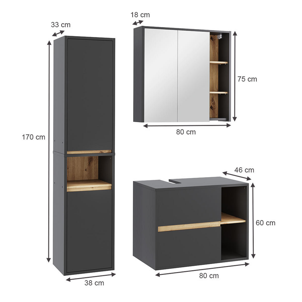 SADA KOUPELNOVÉHO NÁBYTKU Viola Grey/Artisan - šedá/dub artisan, kompozitní dřevo (80/60/46cm) - Vicco