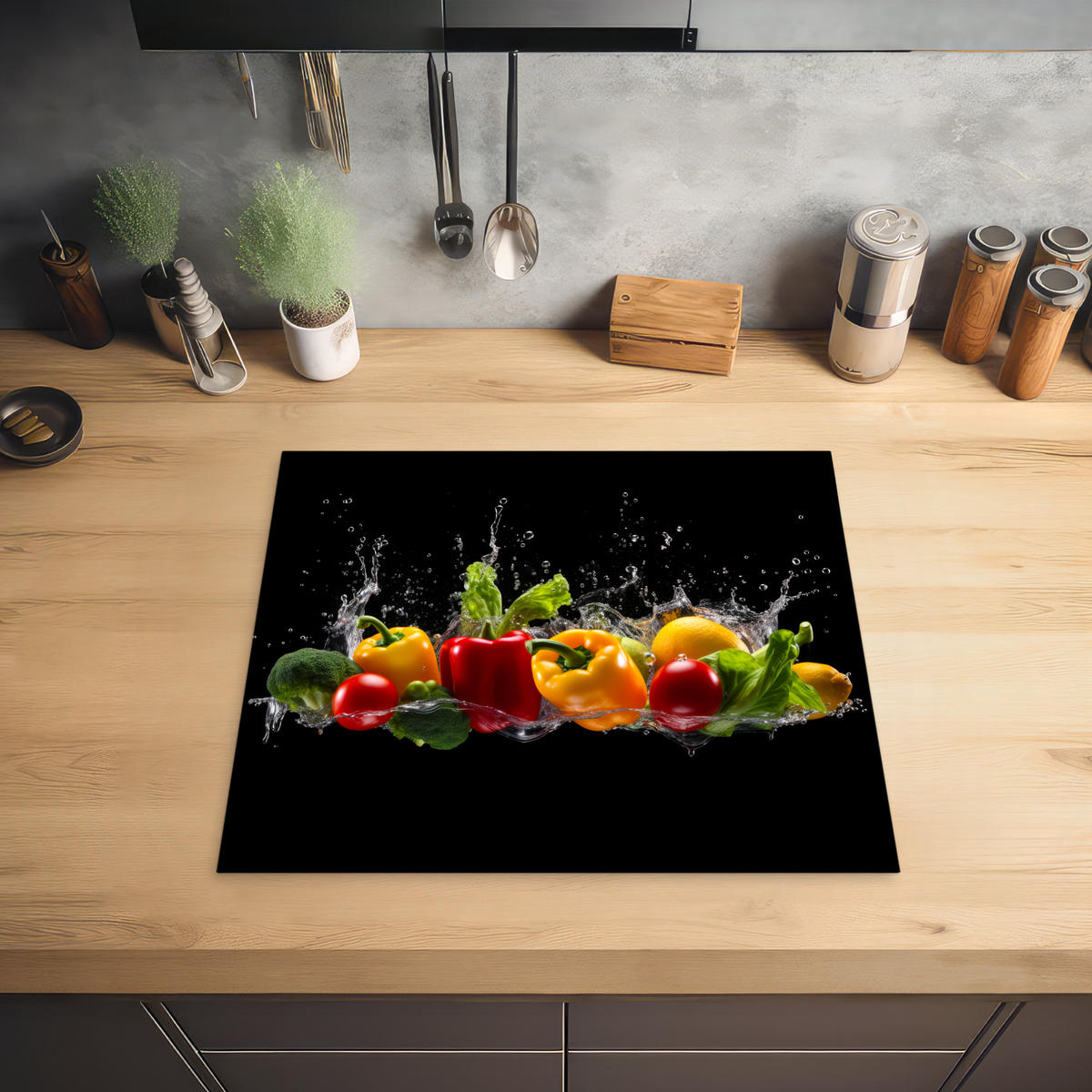 HERDABDECKPLATTE Paprika - Wasser - Gemüse - Schwarz 60x52 cm - Multicolor, Kunststoff (60/0.2/52cm) - MuchoWow