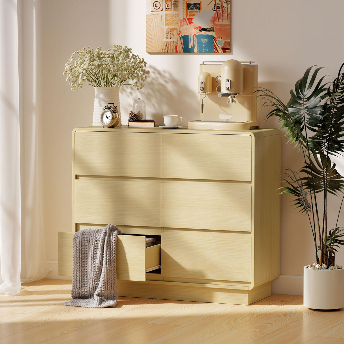 SIDEBOARD, Kommode mit 6 Schubladen, 100 cm Aufbewahrungsschrank Beistellschrank - Naturfarben, Holzwerkstoff (38/86/100cm) - HOMCOM