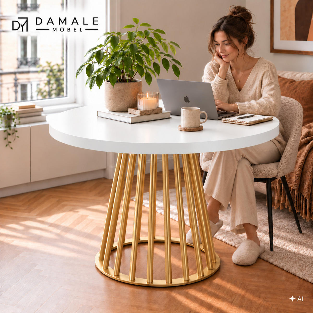 ESSTISCH rund ausziehbar 110/310/76 cm, Weiß, 54 cm Tischplatte + Lamellen-Metallgestell Gold - Goldfarben/Weiß, Holzwerkstoff/Metall (110/310/76cm) - Damale Möbel