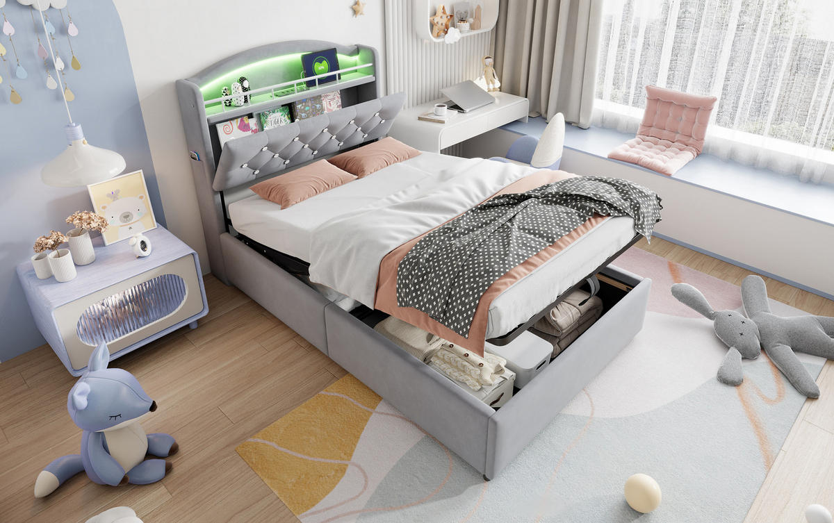 POLSTERBETT 90/200 cm Grau aus Stoff mit Stauraum - Grau, Textil (90/200cm) - OKMYHOME