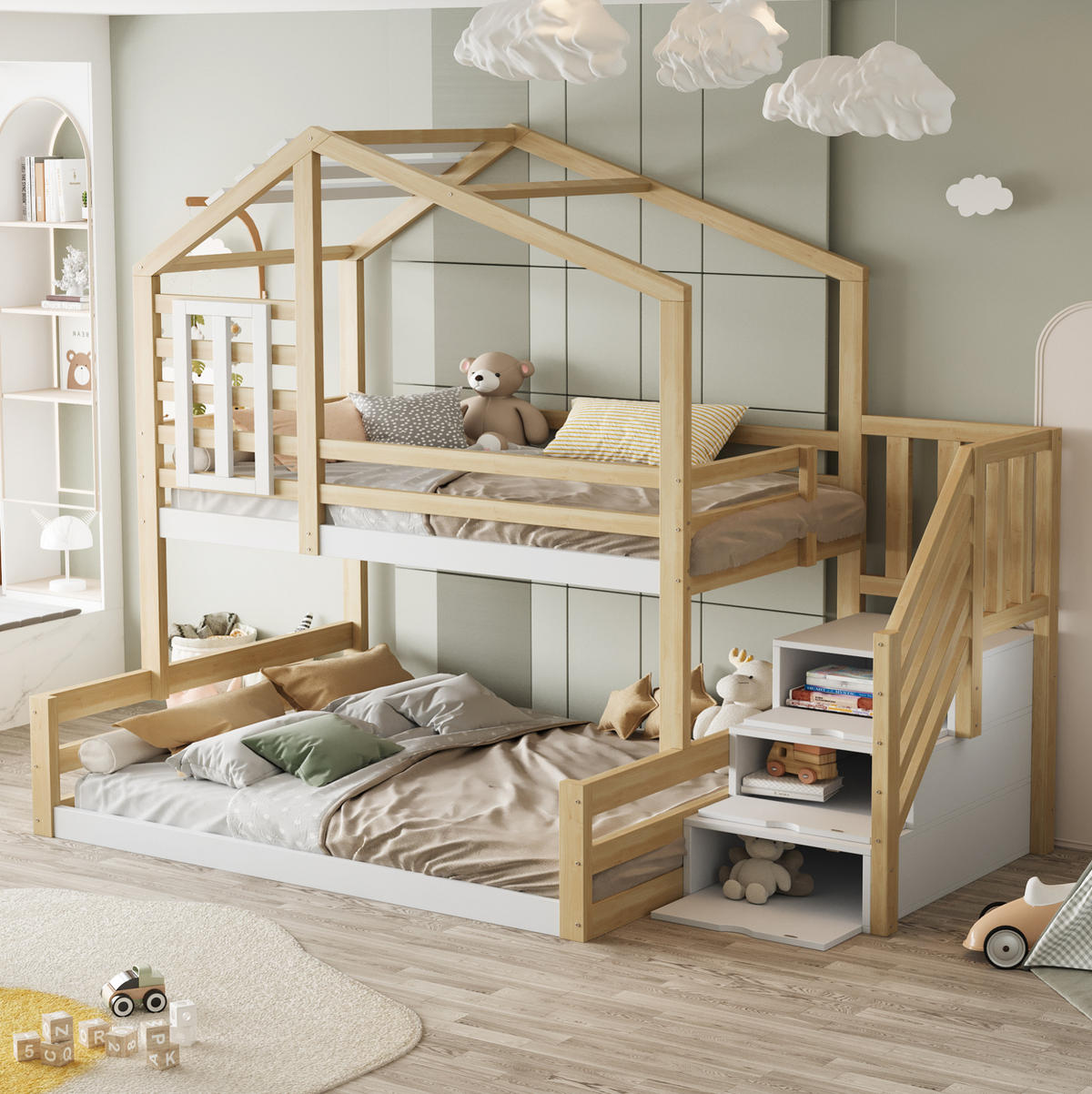 HAUSBETT 90/200 cm & 140/200 cm aus Kiefernholz mit Treppe und Stauraum - Naturfarben, Holz (90/200cm) - Flora Grace