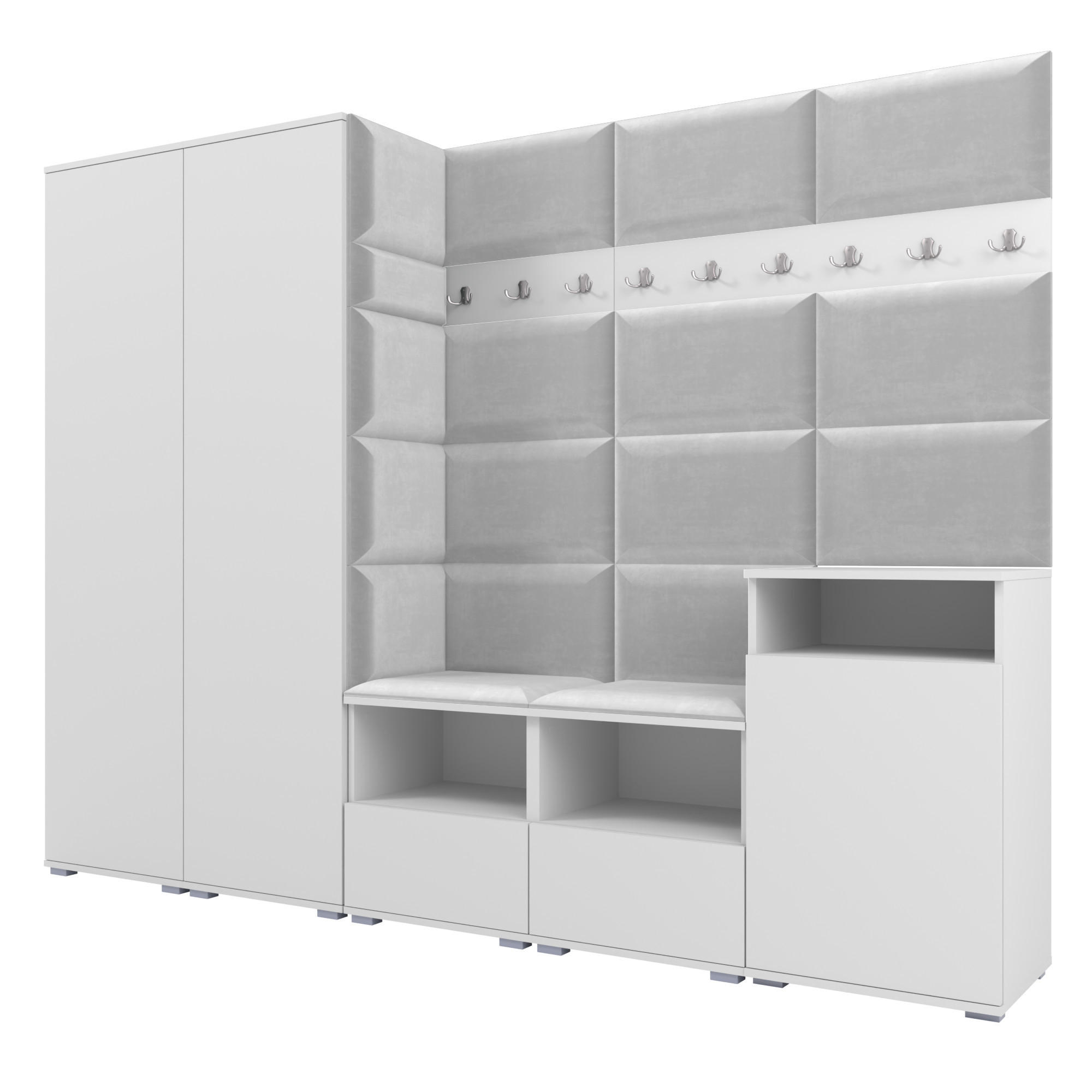 GARDEROBE NELA VIII 250 cm (Modulare Flurmöbel Weiß mit Sitzpolster Hellgrau 32 2 Schränke + Sideboard) - Silberfarben/Hellgrau, Holz/Holzwerkstoff (250/187/40cm) - Ravio