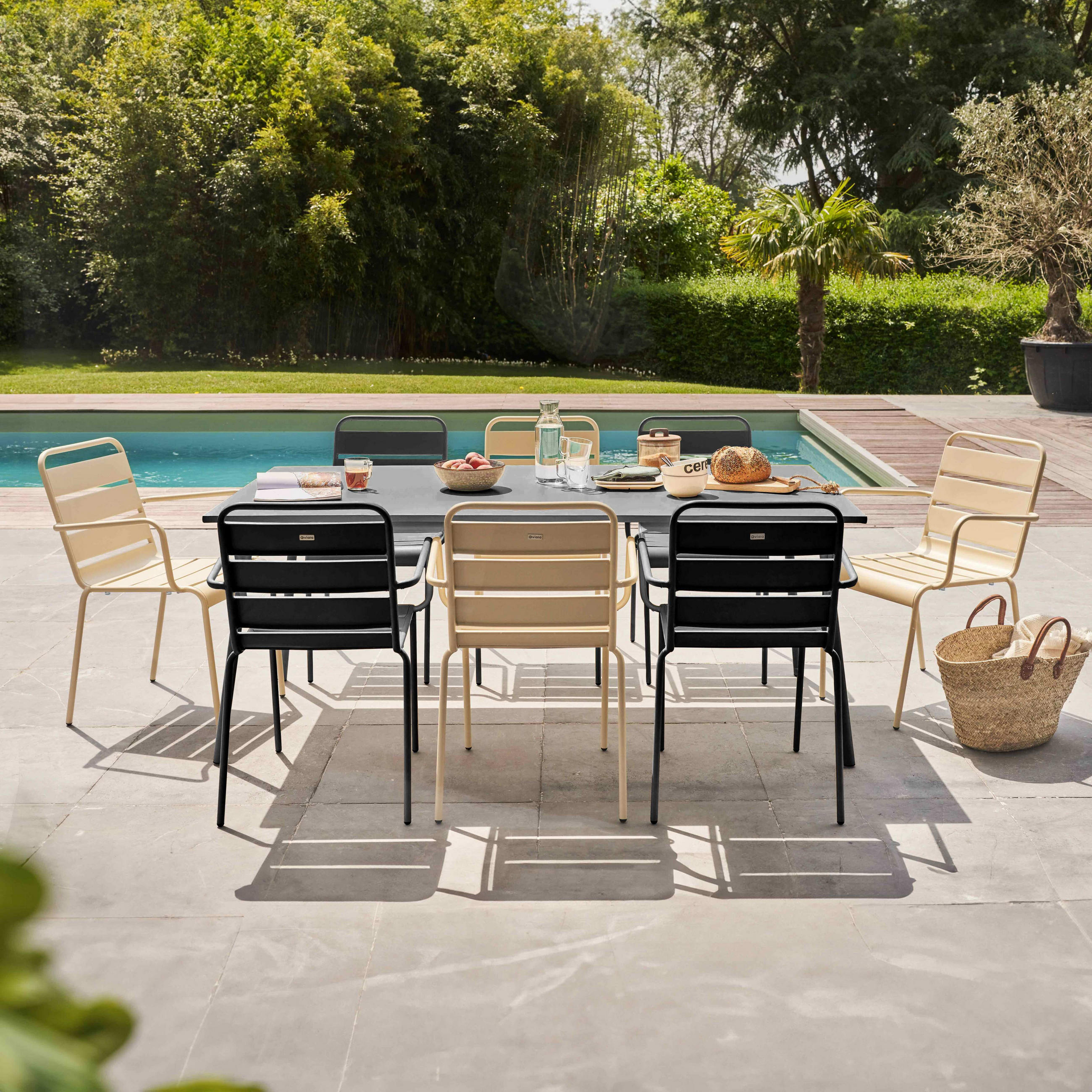 GARTENSET 9-tlg.,Grau/Elfenbeinfarbe - Creme/Grau, Metall - Oviala
