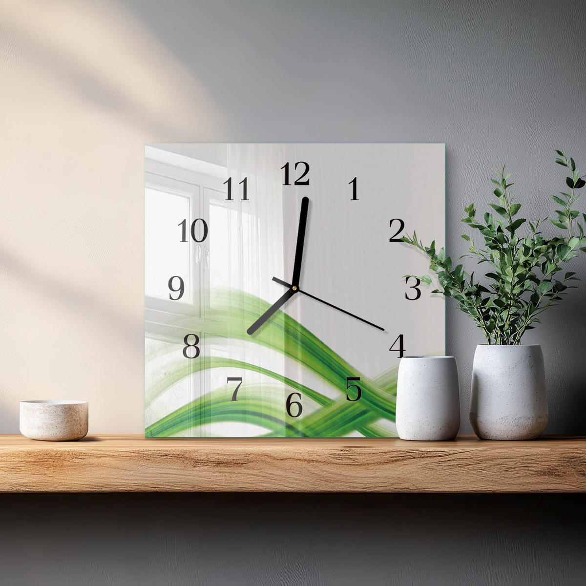 WANDUHR 30x30 cm - Abstrakte Welle - Grün, Glas (30/30/0.4cm) - TULUP