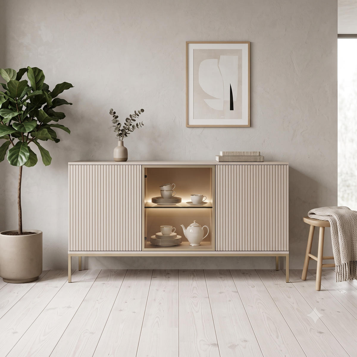 SIDEBOARD Laval K154 – Kaschmir mit Lamellen - Kaschmir, Glas/Holzwerkstoff (154/83/39cm) - Komodee