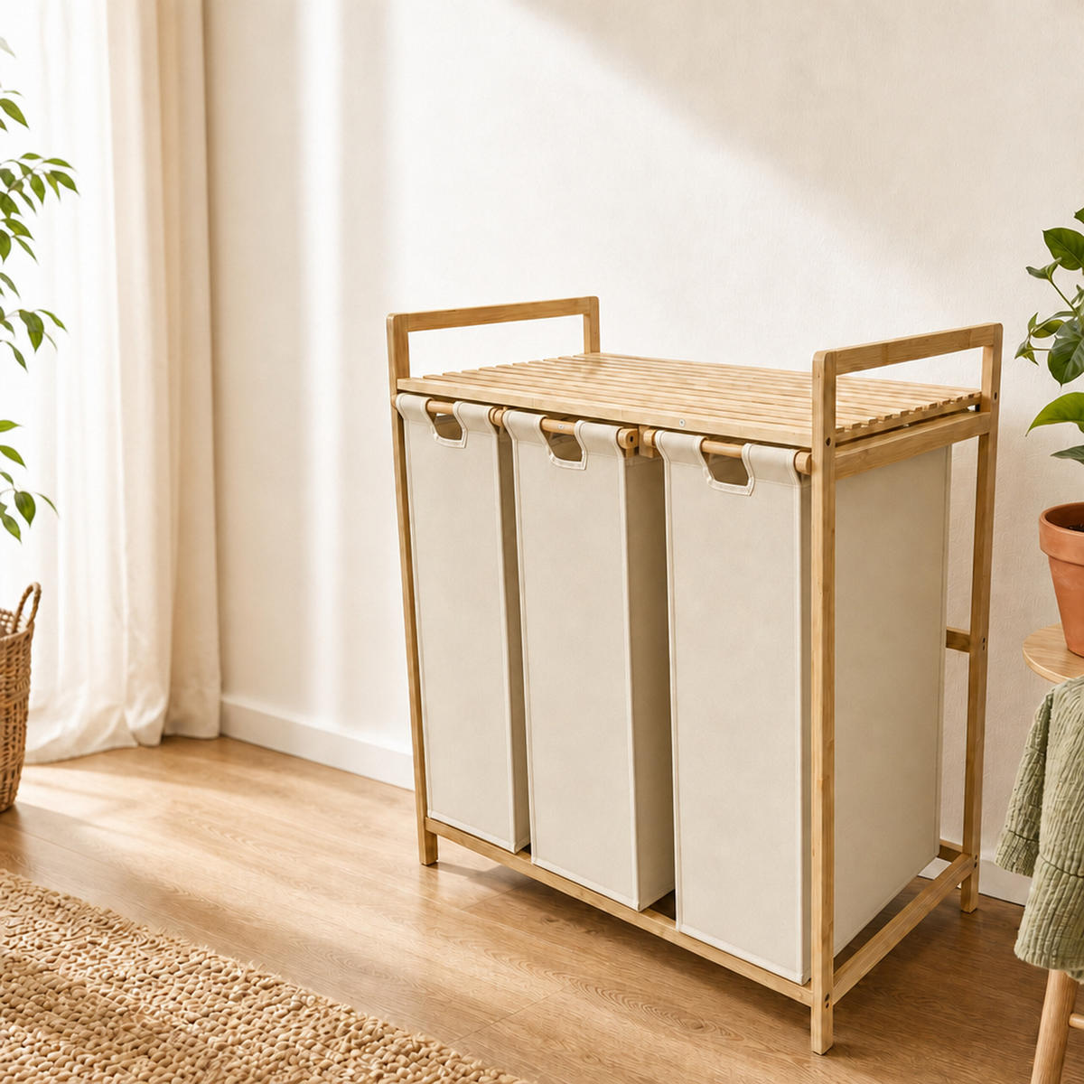 WÄSCHESAMMLER Natur Beige 3er-Set Bambus - Multicolor, Holz/Textil (78/77/41.5cm) - Relaxdays