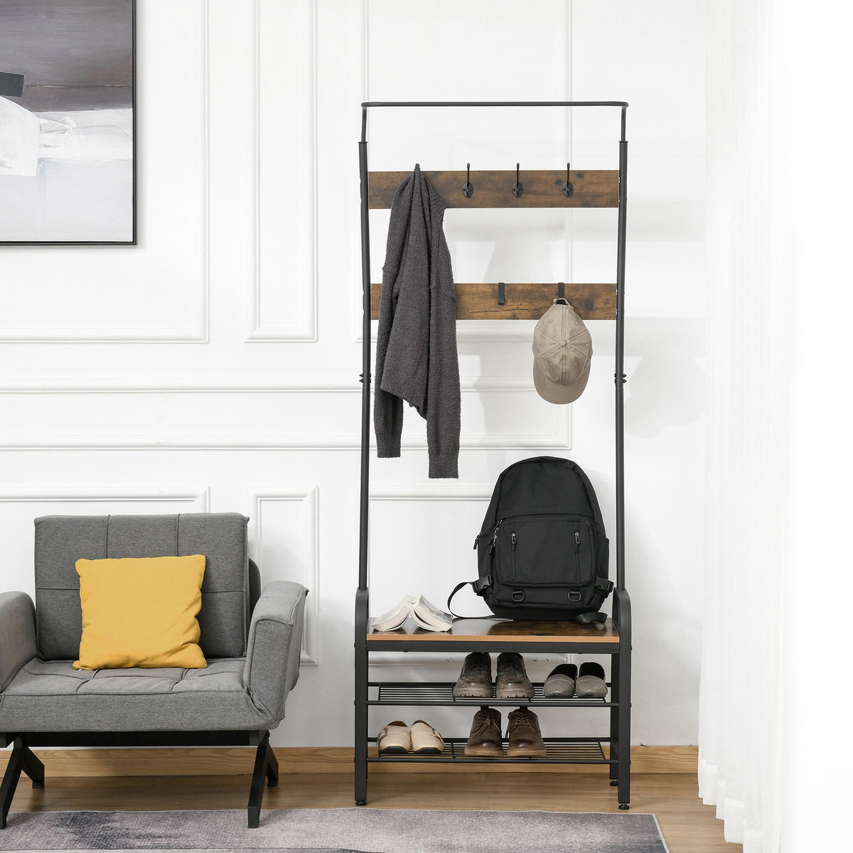 GARDEROBENSTÄNDER - Schwarz/Naturfarben, Holzwerkstoff/Metall (34/185/72cm) - HOMCOM