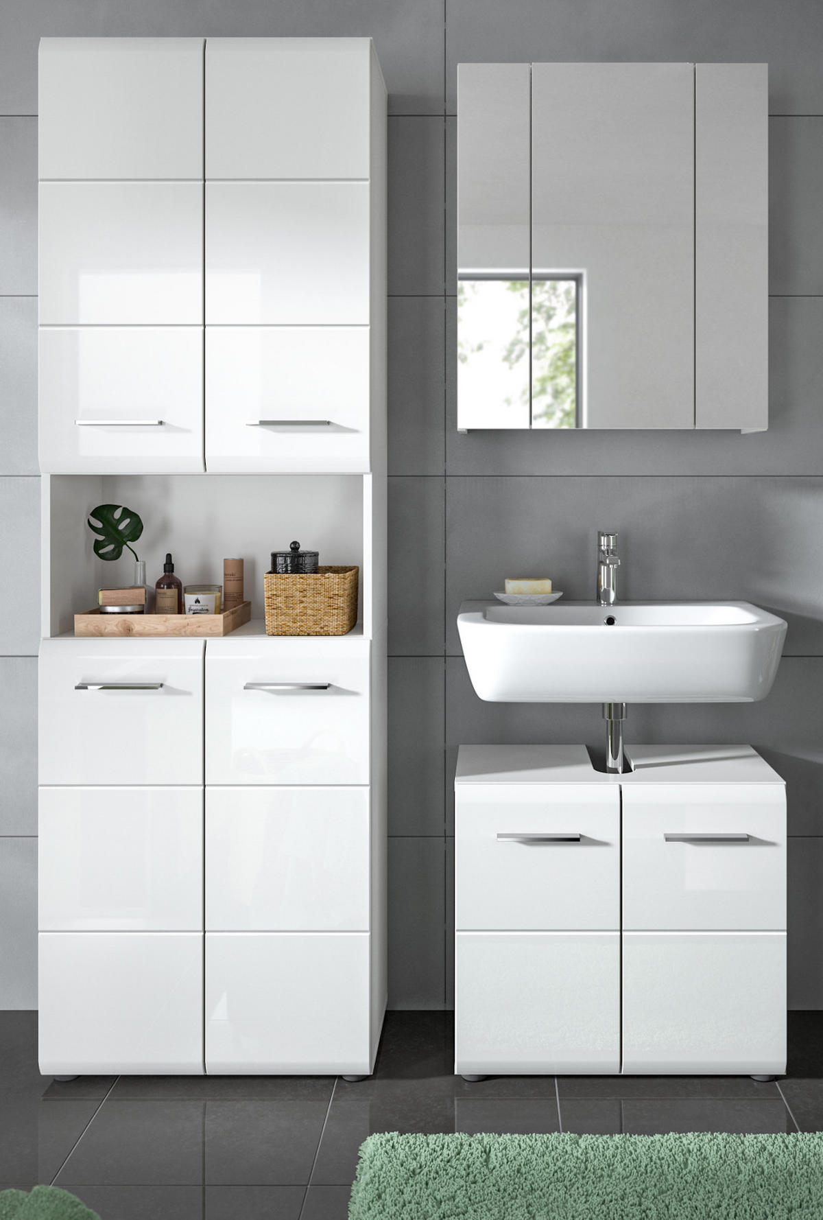 BADMÖBEL-SET 3-teilig weiß Hochglanz, Badkombination 135 cm mit viel Stauraum - Weiß Hochglanz/Silberfarben, Glas/Holzwerkstoff (135/185/30cm) - Inn.Furn