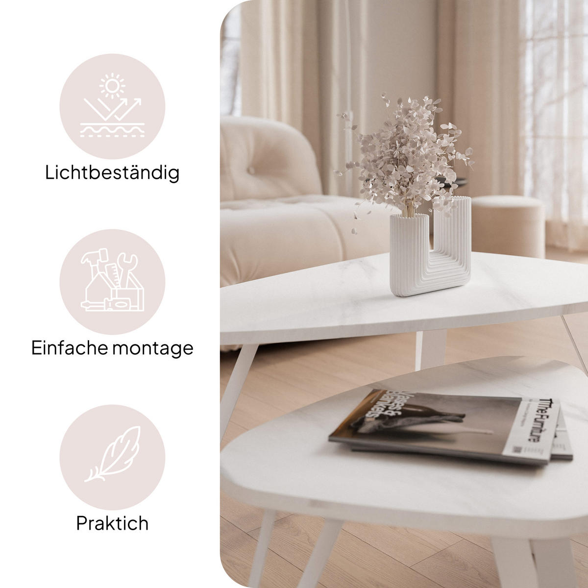 SATZTISCH NOA Stahlgestell, Freiform, Weiß / Bianco Marmor - Weiß, Holzwerkstoff (94/60/42cm) - Idohome