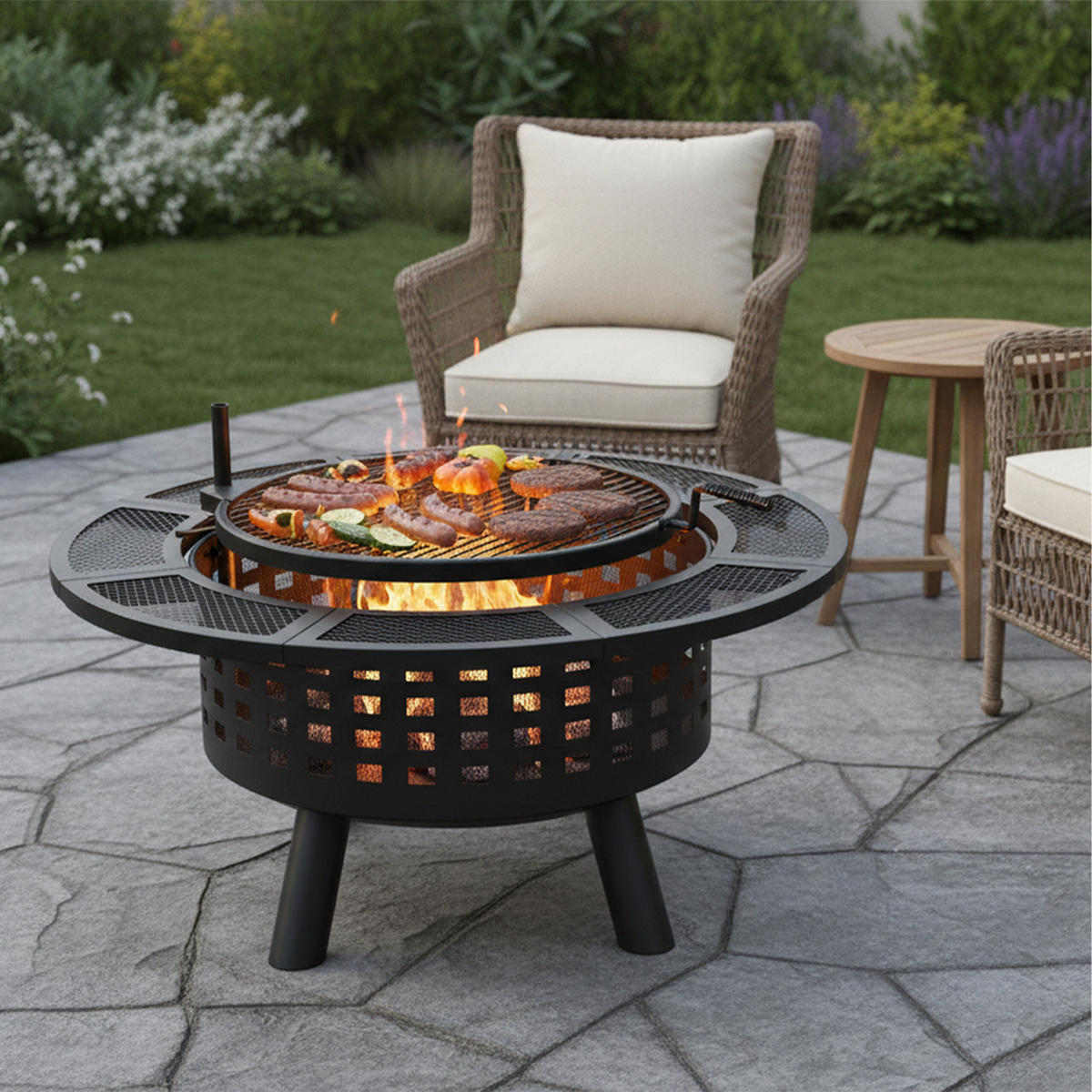 FEUERSCHALE Schwarz Stahl Deckel Ø 91,5 cm - Schwarz, Metall (91.5/73/91.5cm) - Relaxdays