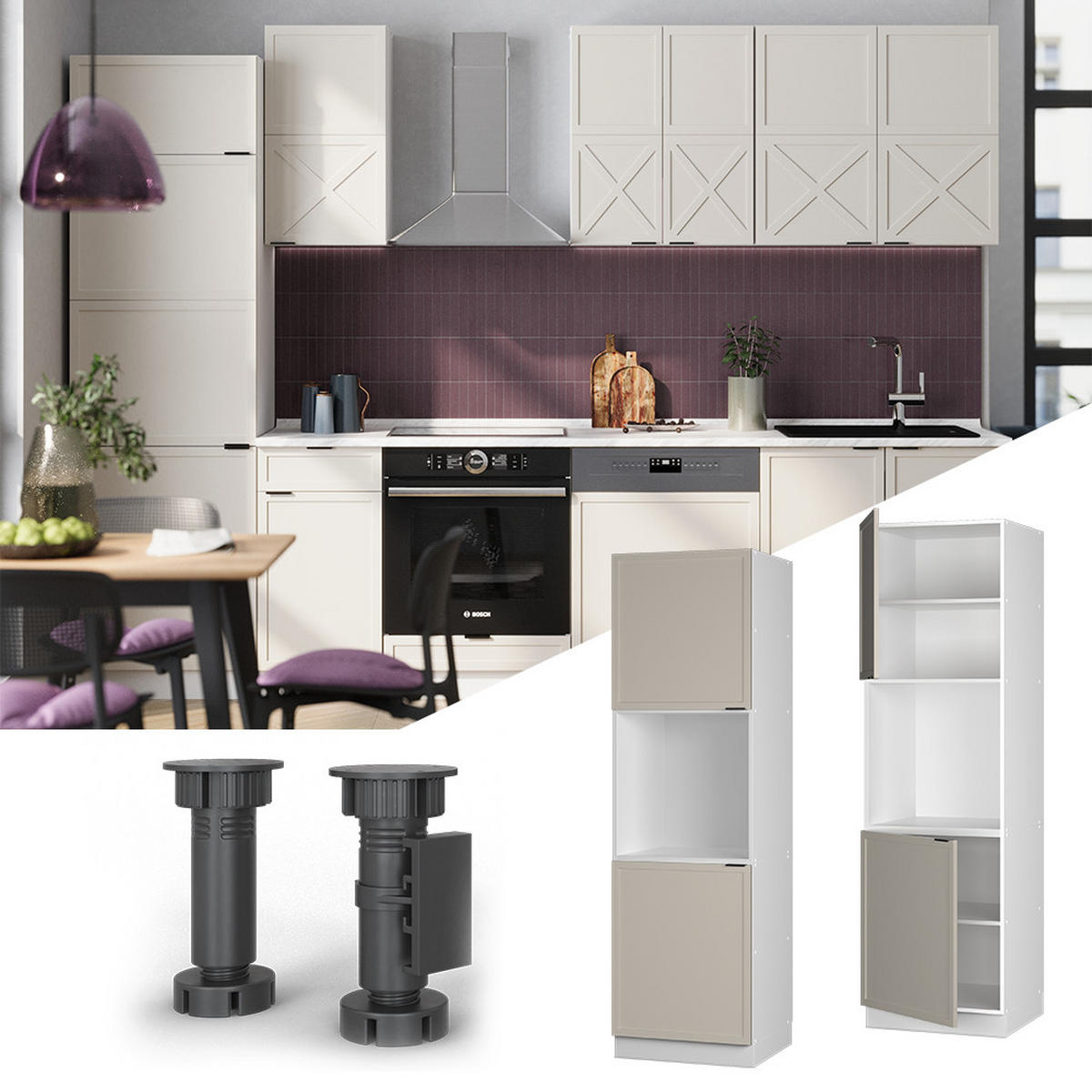 HERDUMBAUSCHRANK Fame-Line GrauBeige 60 cm mit offenem Regal - Weiß/Grau, Holzwerkstoff (60/206.8/58cm) - Vicco