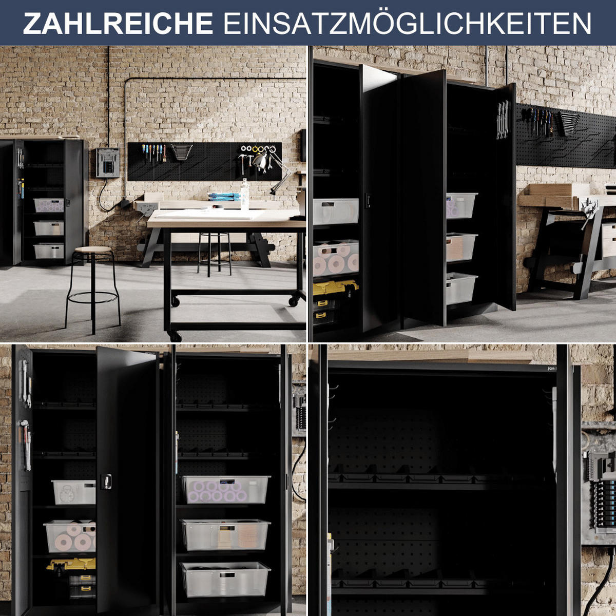 WERKZEUGSCHRANK mit Lochwand KESU 185x92x50cm Schwarz - Schwarz, Metall (92/185/50cm) - DELUKE