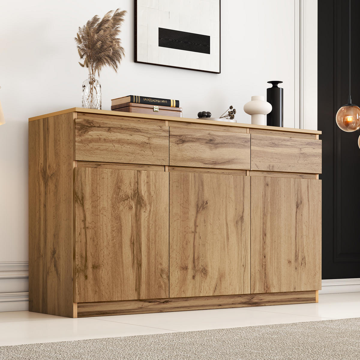 SIDEBOARD Holzoptik 3 Türen 3 Schubladen 135x40x81cm - Naturfarben, Holzwerkstoff (40/81/135cm) - FLIEKS