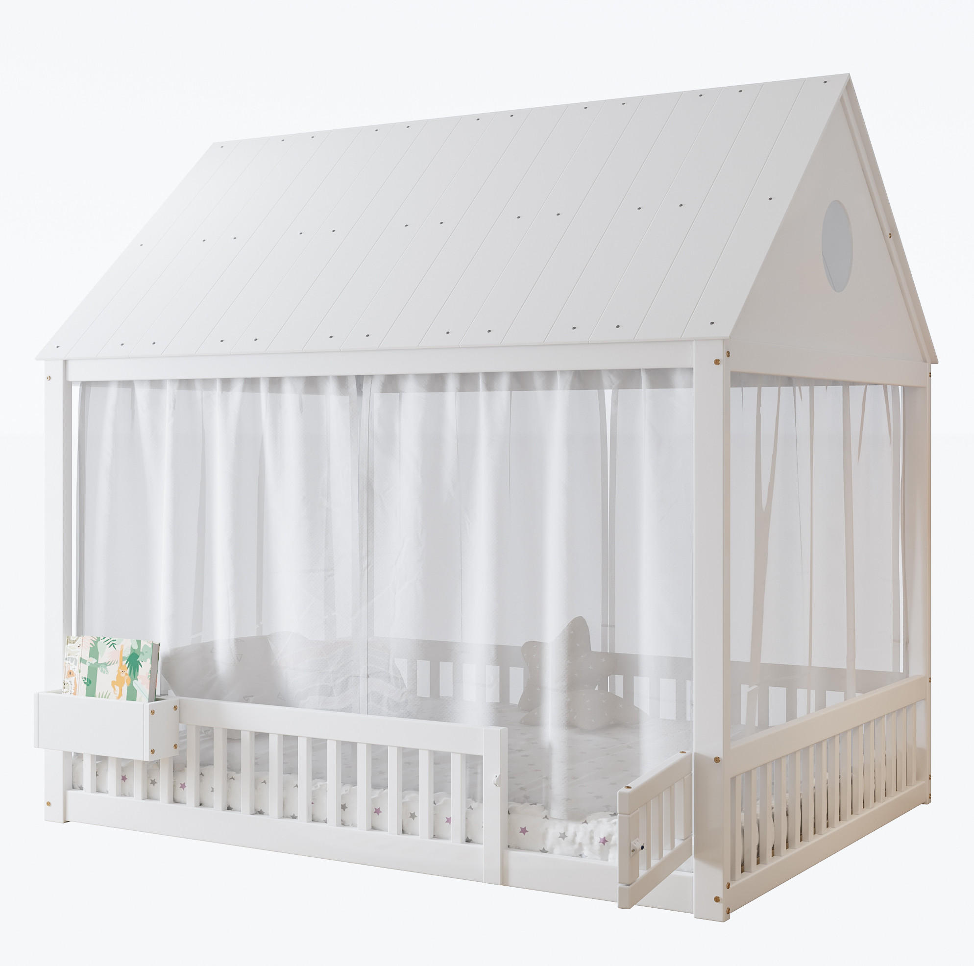 KINDERBETT 140/200 cm mit Dachdetails, Vorhängen und Stauraumfach, Kiefer/MDF/Sperrholz, Weiß - Weiß, Holz (140/200cm) - Redom