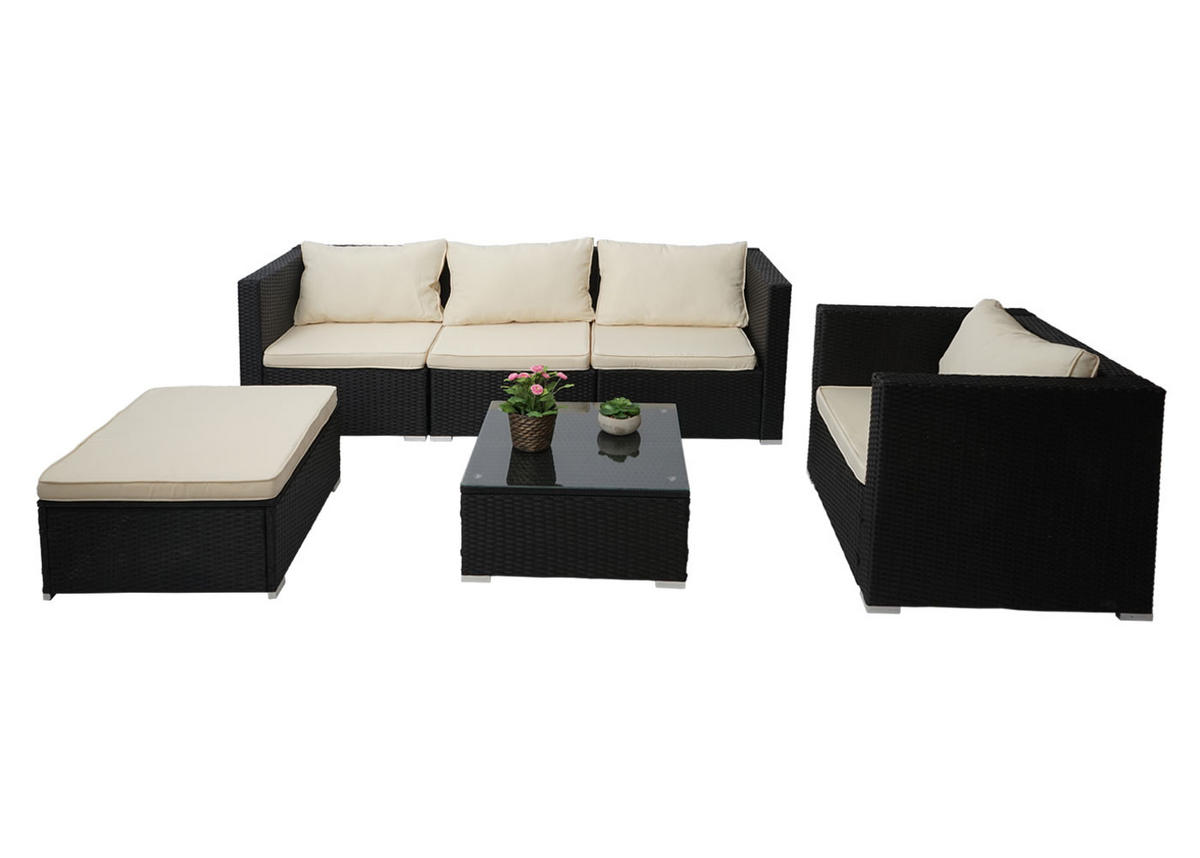 POLY-RATTAN-GARNITUR Schwarz, Cremeweiß - Schwarz/Weiß, Kunststoff - MCW