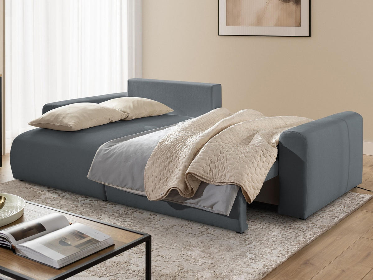 ECKSOFA Calma mit Schlaffunktion und Bettkasten im Bumpy-Design aus weichem Dunkelgrau Webstoff - Ottomane links - Dunkelgrau/Schwarz, Holz/Kunststoff (239/140cm) - S-Style