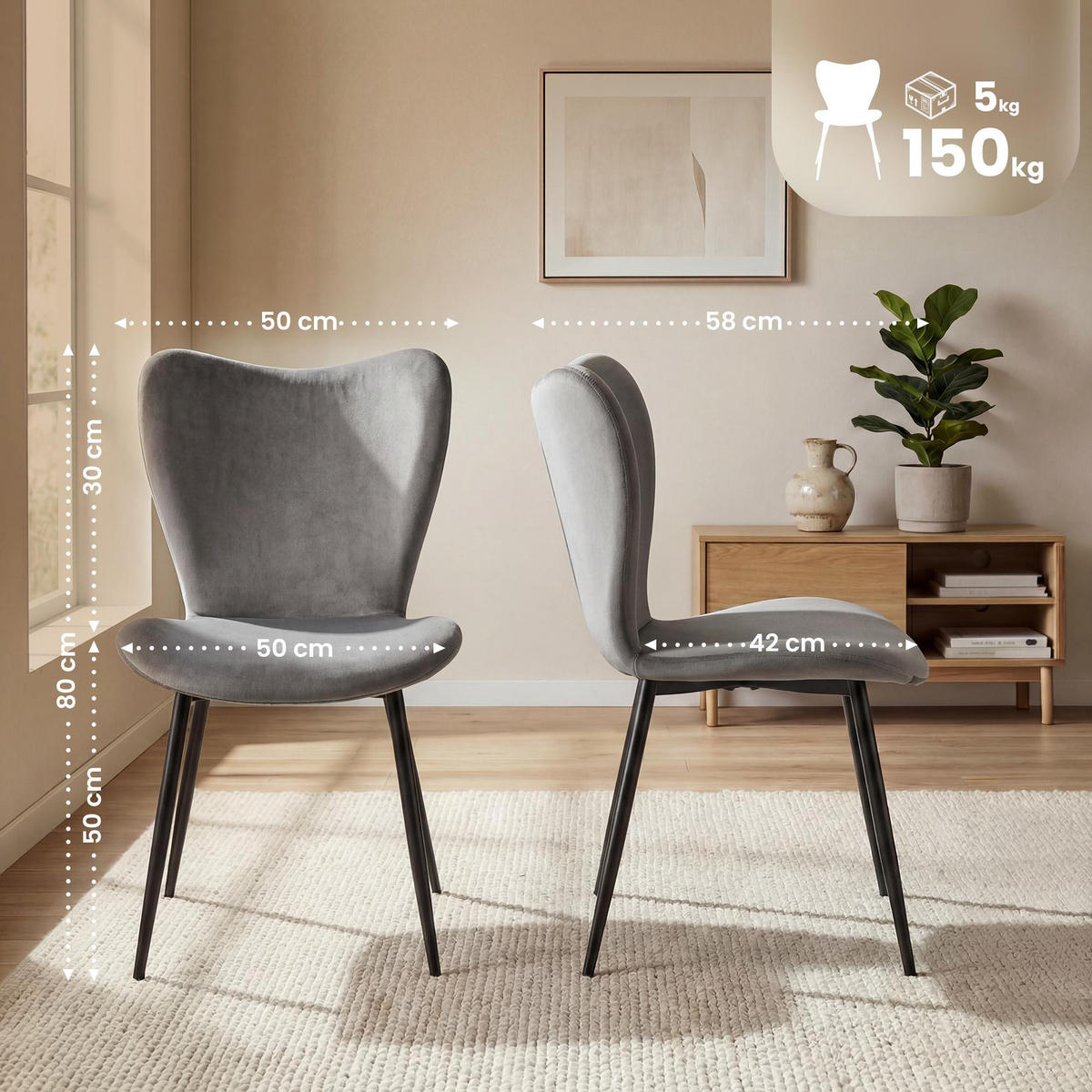 ESSZIMMERSTUHL Samt Grau - Schwarz/Grau, Textil/Metall (50/80/58cm) - CLP