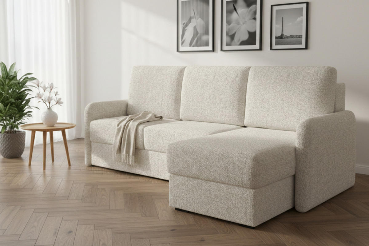 ECKSOFA BIANCO 215 cm breit in Stoff Creme rechts - Creme, Holzwerkstoff/Textil (215/145cm) - Deine Möbel 24
