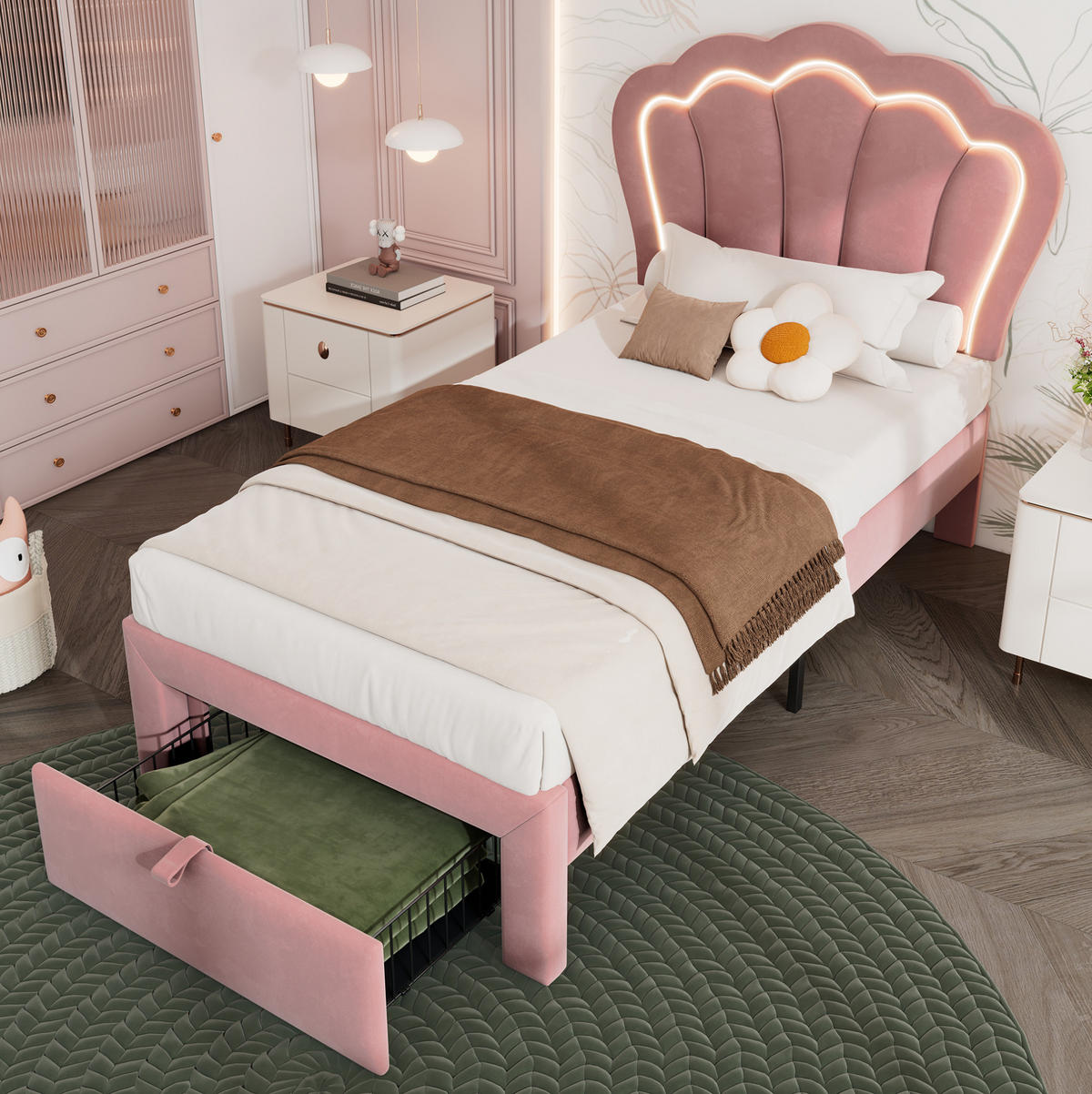 POLSTERBETT 90/200 cm rosa aus Samt mit LED-Beleuchtung und Schublade - Rosa, Textil (90/200cm) - OKMYHOME