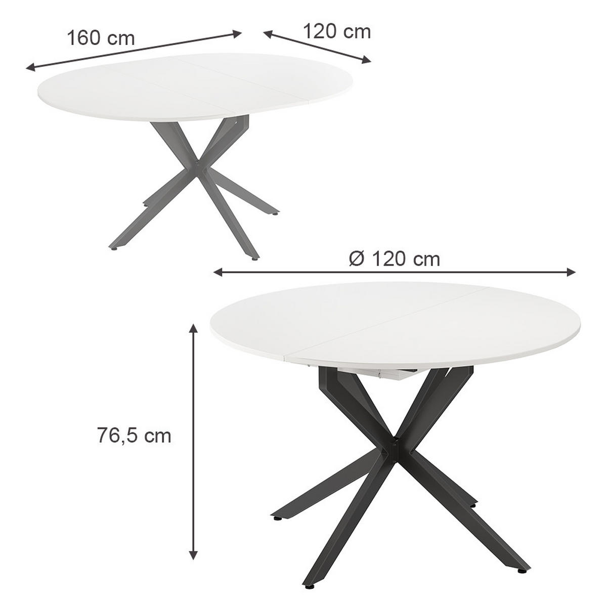ESSTISCH Loyd Weiß/Schwarz 120 x 76.5 cm ausziehbar - Schwarz/Weiß, Holzwerkstoff (120/120/76.5cm) - Vicco